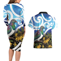 Kekeru New Zealand Matariki Couples Matching Long Sleeve Bodycon Dress and Hawaiian Shirt Kukupa Kowhai Maori New Year Blue Version LT14 - Polynesian Pride