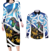 Kekeru New Zealand Matariki Couples Matching Long Sleeve Bodycon Dress and Long Sleeve Button Shirt Kukupa Kowhai Maori New Year Blue Version LT14 Blue - Polynesian Pride