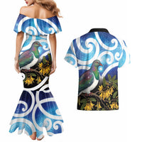 Kekeru New Zealand Matariki Couples Matching Mermaid Dress and Hawaiian Shirt Kukupa Kowhai Maori New Year Blue Version LT14 - Polynesian Pride