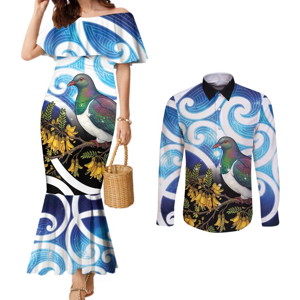 Kekeru New Zealand Matariki Couples Matching Mermaid Dress and Long Sleeve Button Shirt Kukupa Kowhai Maori New Year Blue Version