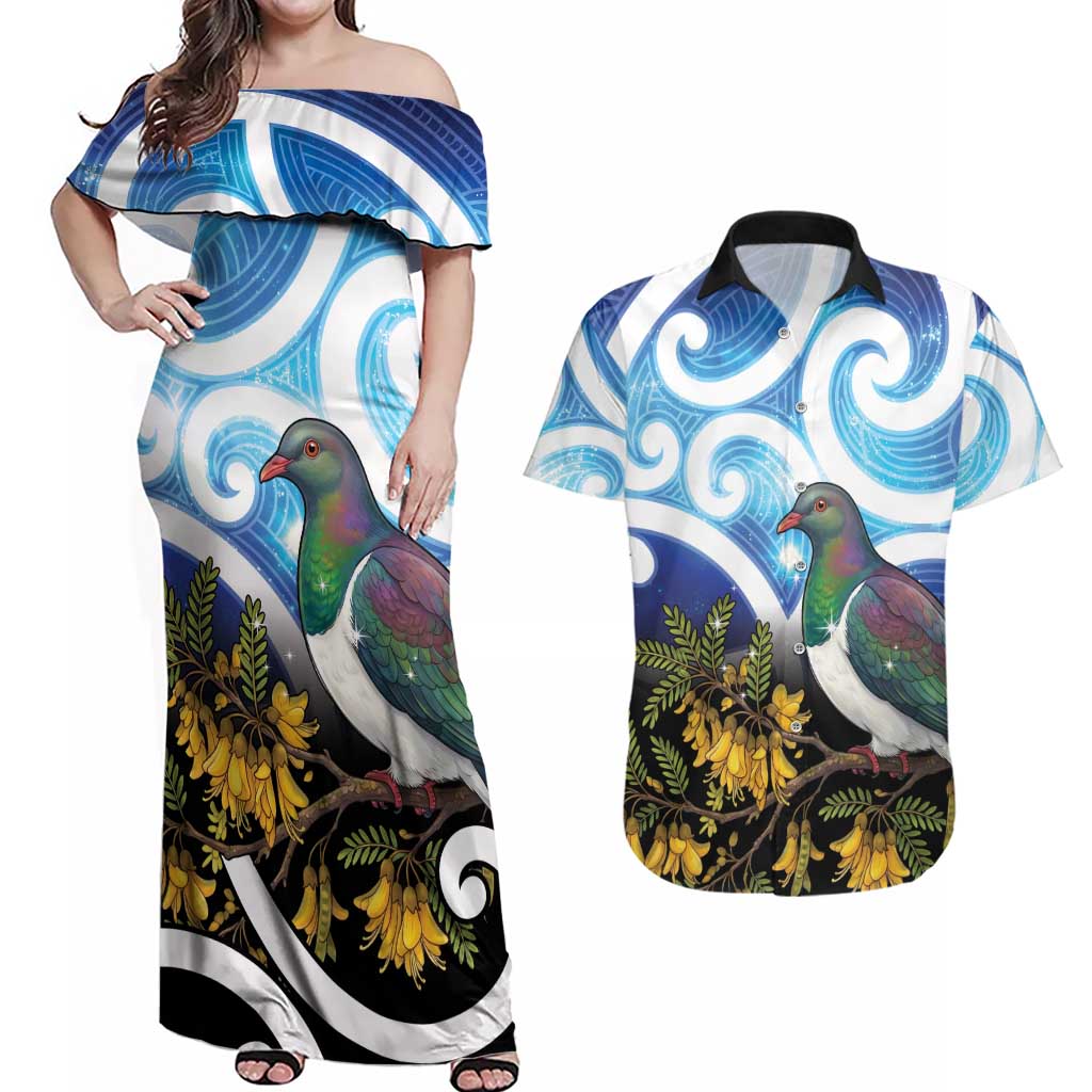 Kekeru New Zealand Matariki Couples Matching Off Shoulder Maxi Dress and Hawaiian Shirt Kukupa Kowhai Maori New Year Blue Version LT14 Blue - Polynesian Pride