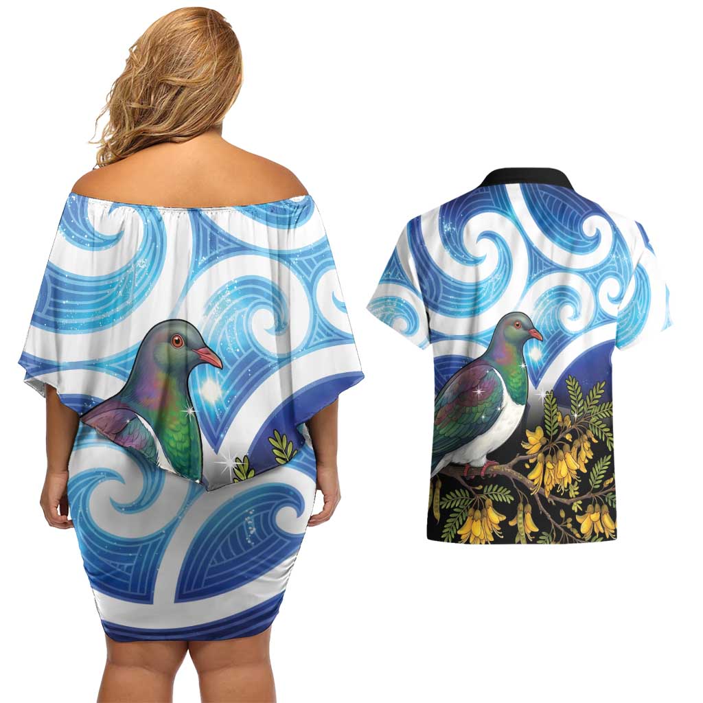 Kekeru New Zealand Matariki Couples Matching Off Shoulder Short Dress and Hawaiian Shirt Kukupa Kowhai Maori New Year Blue Version LT14 - Polynesian Pride