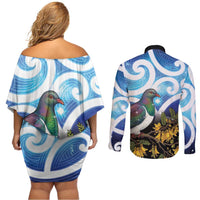Kekeru New Zealand Matariki Couples Matching Off Shoulder Short Dress and Long Sleeve Button Shirt Kukupa Kowhai Maori New Year Blue Version LT14 - Polynesian Pride