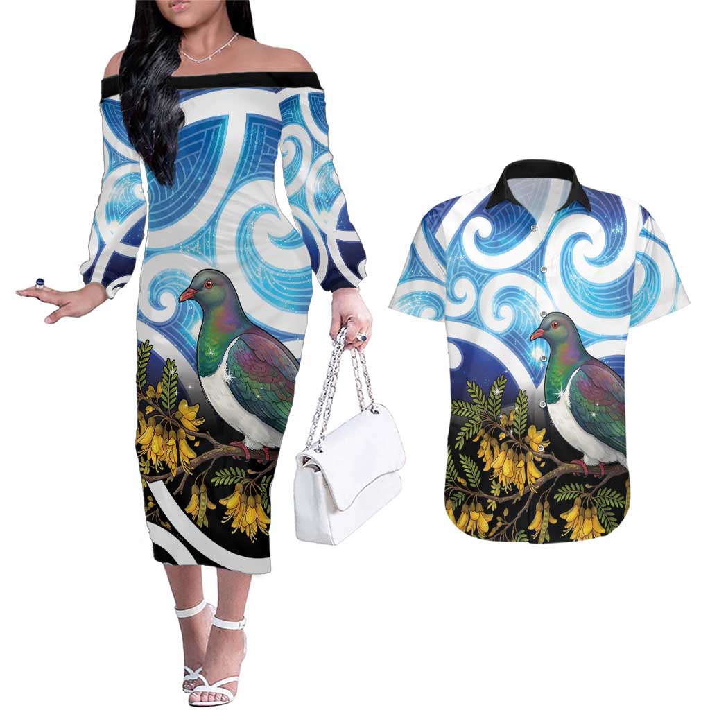 Kekeru New Zealand Matariki Couples Matching Off The Shoulder Long Sleeve Dress and Hawaiian Shirt Kukupa Kowhai Maori New Year Blue Version LT14 Blue - Polynesian Pride