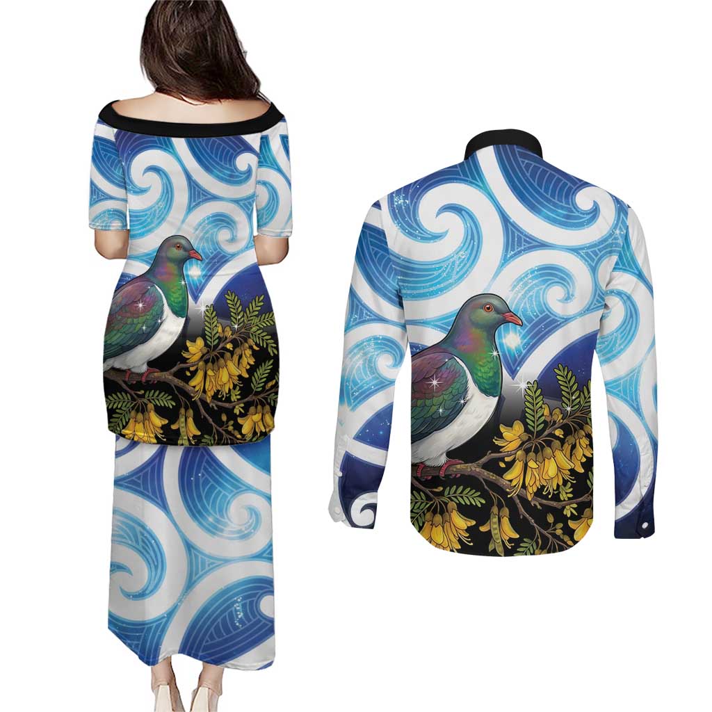 Kekeru New Zealand Matariki Couples Matching Puletasi and Long Sleeve Button Shirt Kukupa Kowhai Maori New Year Blue Version LT14 - Polynesian Pride