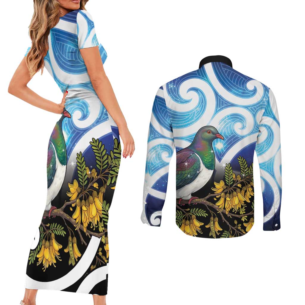 Kekeru New Zealand Matariki Couples Matching Short Sleeve Bodycon Dress and Long Sleeve Button Shirt Kukupa Kowhai Maori New Year Blue Version LT14 - Polynesian Pride