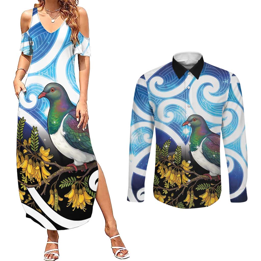 Kekeru New Zealand Matariki Couples Matching Summer Maxi Dress and Long Sleeve Button Shirt Kukupa Kowhai Maori New Year Blue Version