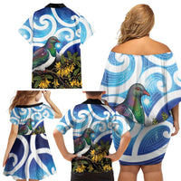Kekeru New Zealand Matariki Family Matching Off Shoulder Short Dress and Hawaiian Shirt Kukupa Kowhai Maori New Year Blue Version LT14 - Polynesian Pride