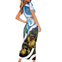 Kekeru New Zealand Matariki Family Matching Short Sleeve Bodycon Dress and Hawaiian Shirt Kukupa Kowhai Maori New Year Blue Version LT14 - Polynesian Pride