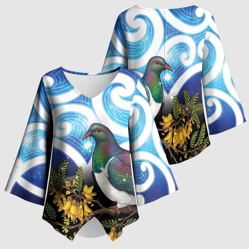 Kekeru New Zealand Matariki Kimono Sleeve Blouse Kukupa Kowhai Maori New Year Blue Version LT14 - Polynesian Pride