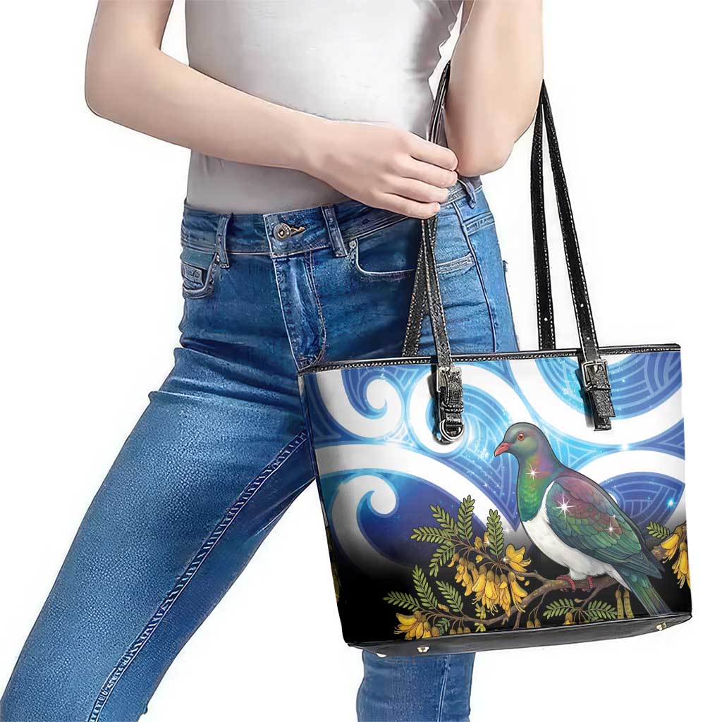 Kekeru New Zealand Matariki Leather Tote Bag Kukupa Kowhai Maori New Year Blue Version LT14 - Polynesian Pride