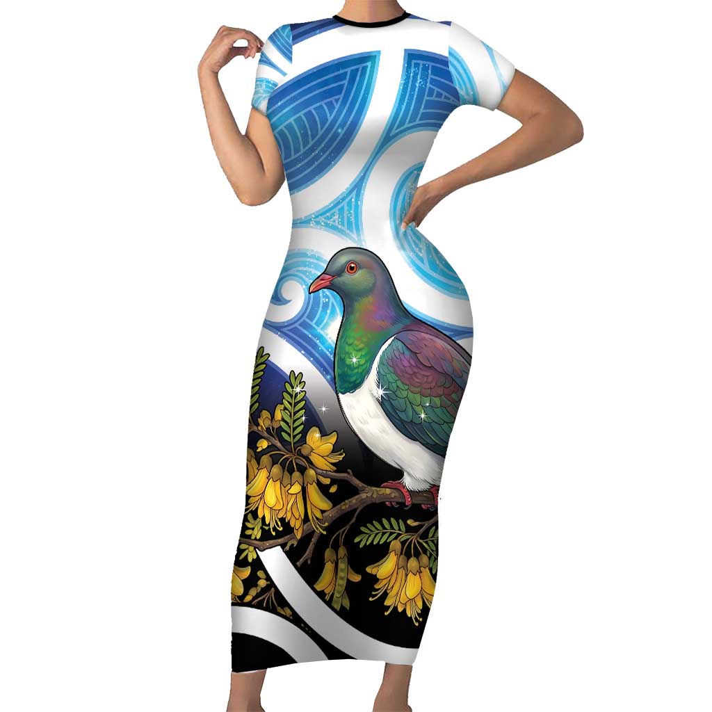 Kekeru New Zealand Matariki Short Sleeve Bodycon Dress Kukupa Kowhai Maori New Year Blue Version LT14 Long Dress Blue - Polynesian Pride