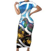 Kekeru New Zealand Matariki Short Sleeve Bodycon Dress Kukupa Kowhai Maori New Year Blue Version LT14 Long Dress Blue - Polynesian Pride