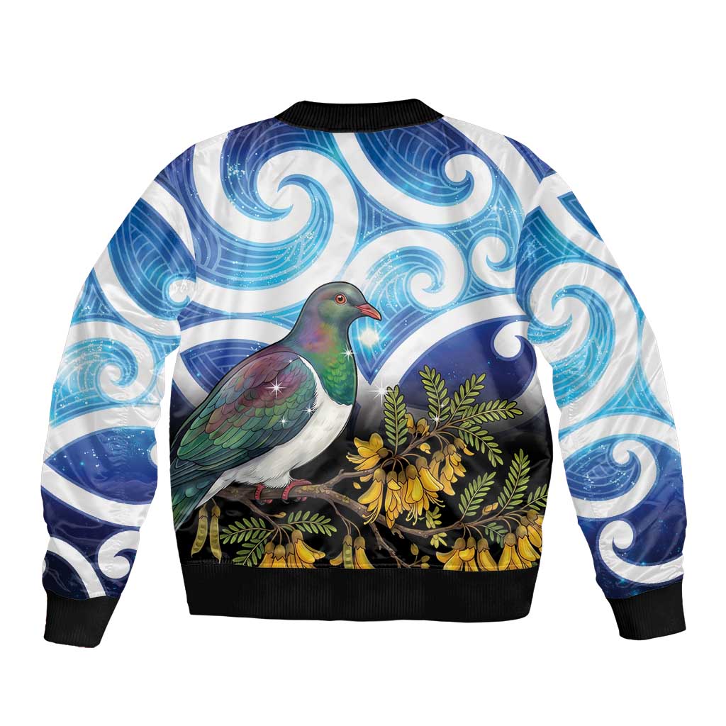 Kekeru New Zealand Matariki Sleeve Zip Bomber Jacket Kukupa Kowhai Maori New Year Blue Version LT14 - Polynesian Pride