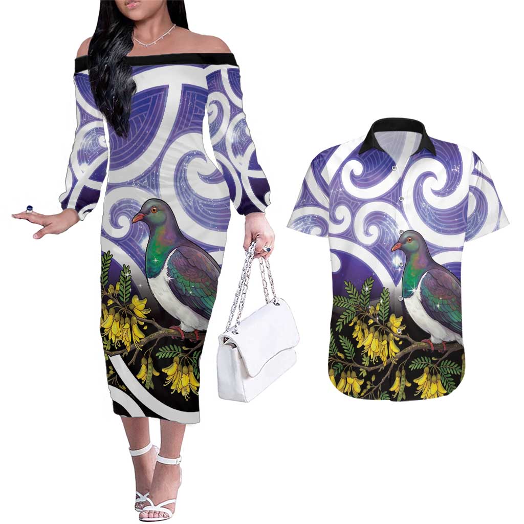 Kekeru New Zealand Matariki Couples Matching Off The Shoulder Long Sleeve Dress and Hawaiian Shirt Kukupa Kowhai Maori New Year Purple Version LT14 Purple - Polynesian Pride