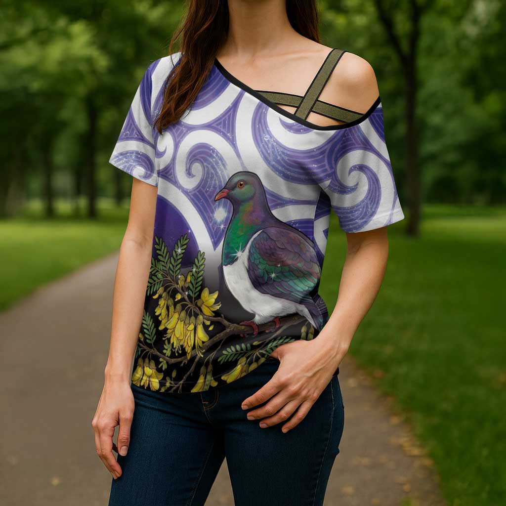 Kekeru New Zealand Matariki Cross Shoulder Shirt Kukupa Kowhai Maori New Year Purple Version LT14 - Polynesian Pride