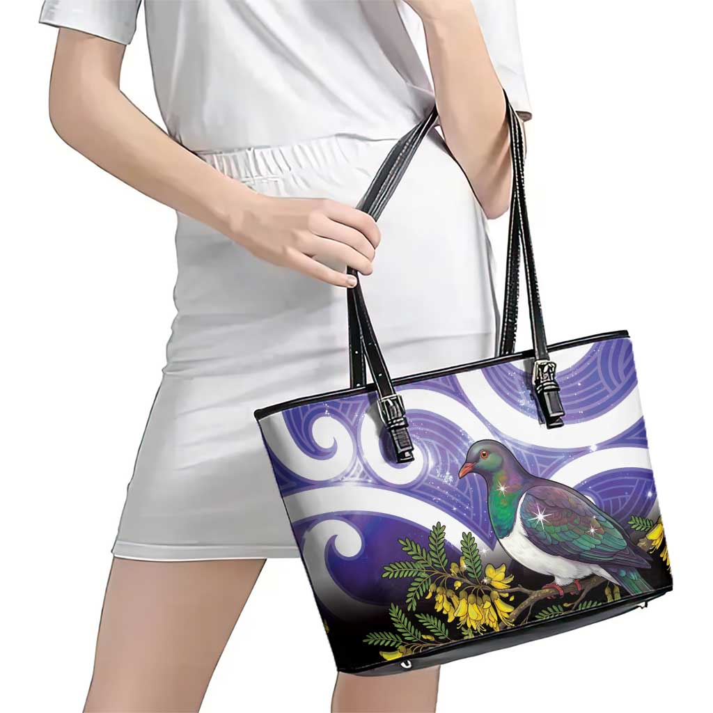 Kekeru New Zealand Matariki Leather Tote Bag Kukupa Kowhai Maori New Year Purple Version LT14 - Polynesian Pride