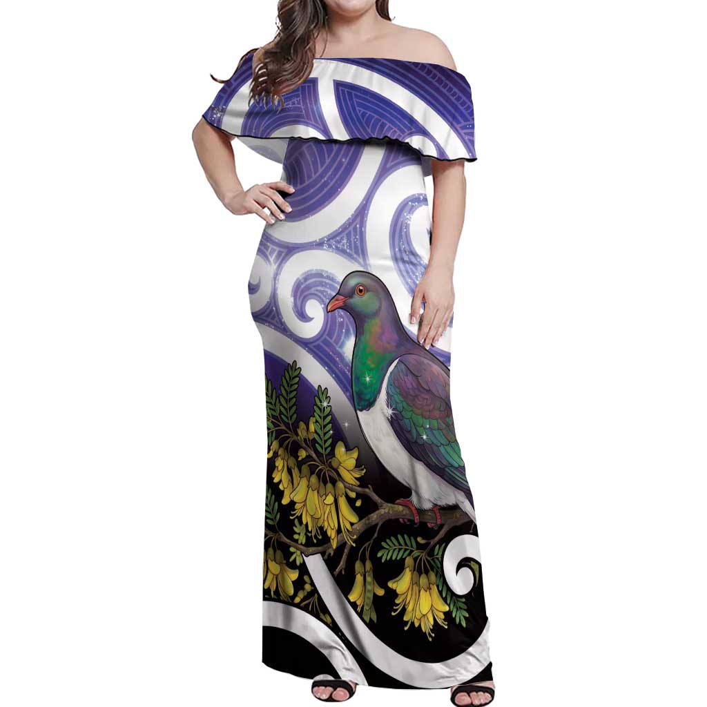 Kekeru New Zealand Matariki Off Shoulder Maxi Dress Kukupa Kowhai Maori New Year Purple Version