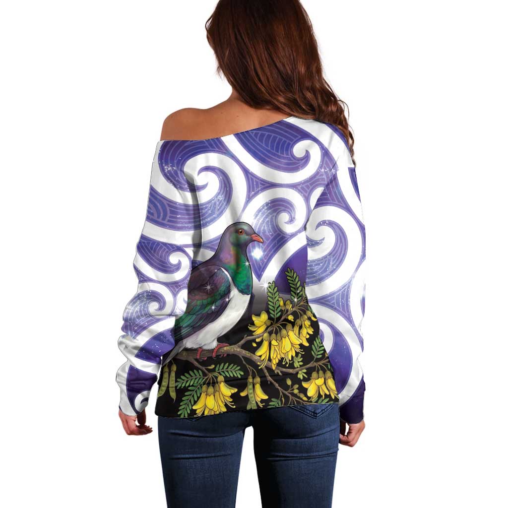 Kekeru New Zealand Matariki Off Shoulder Sweater Kukupa Kowhai Maori New Year Purple Version LT14 - Polynesian Pride
