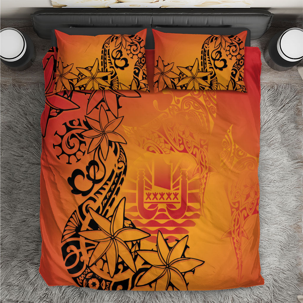 French Polynesia Manta Ray Tattoo Bedding Set Tahiti Hahalua Tiare Maori Gradient Style LT14 Orange - Polynesian Pride