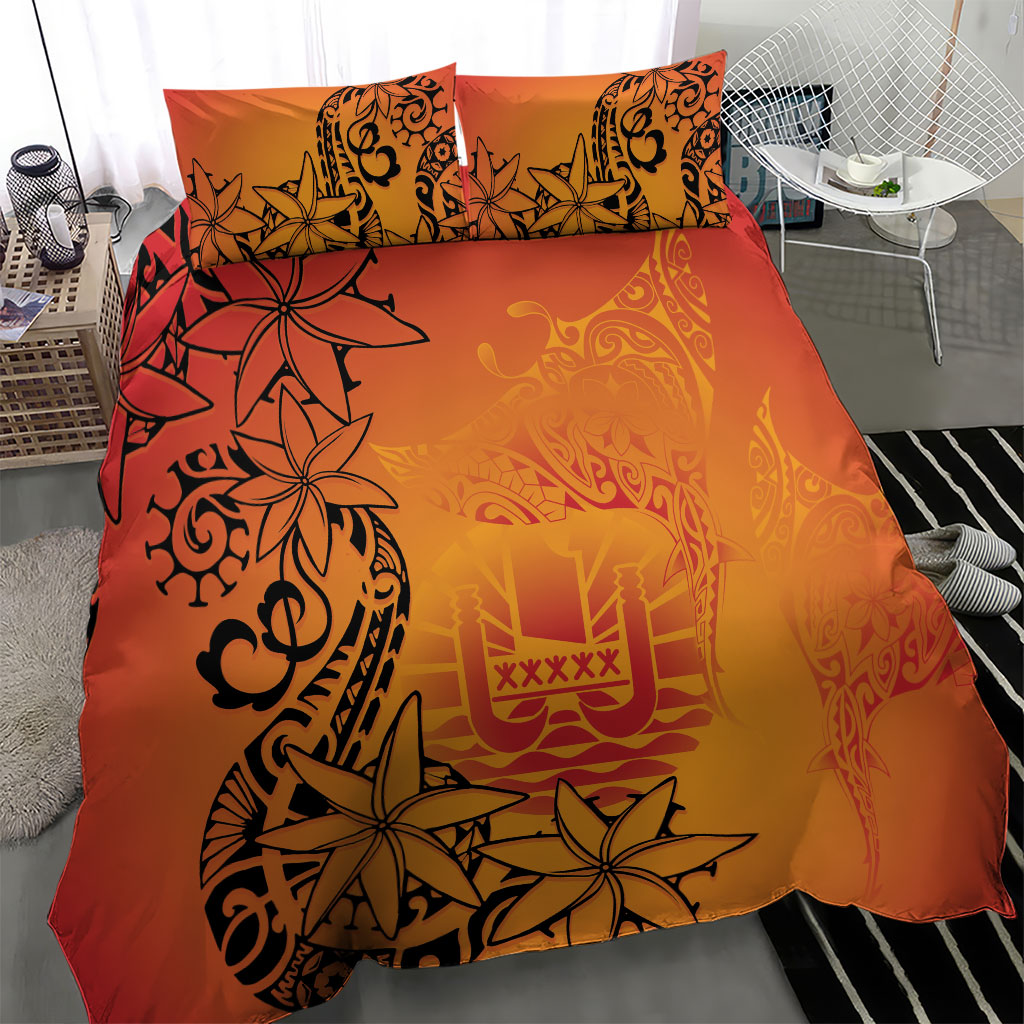 French Polynesia Manta Ray Tattoo Bedding Set Tahiti Hahalua Tiare Maori Gradient Style LT14 - Polynesian Pride
