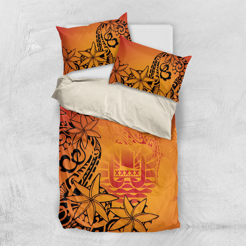 French Polynesia Manta Ray Tattoo Bedding Set Tahiti Hahalua Tiare Maori Gradient Style LT14 US Twin 172cm x 218cm Orange - Polynesian Pride