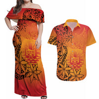 French Polynesia Manta Ray Tattoo Couples Matching Off Shoulder Maxi Dress and Hawaiian Shirt Tahiti Hahalua Tiare Maori Gradient Style LT14 Orange - Polynesian Pride