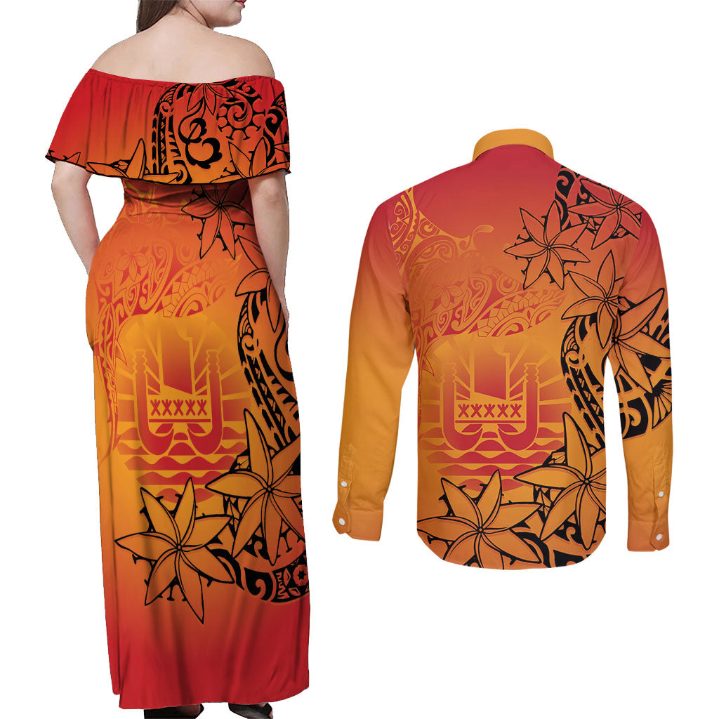 French Polynesia Manta Ray Tattoo Couples Matching Off Shoulder Maxi Dress and Long Sleeve Button Shirt Tahiti Hahalua Tiare Maori Gradient Style LT14 - Polynesian Pride