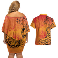 French Polynesia Manta Ray Tattoo Couples Matching Off Shoulder Short Dress and Hawaiian Shirt Tahiti Hahalua Tiare Maori Gradient Style LT14 - Polynesian Pride