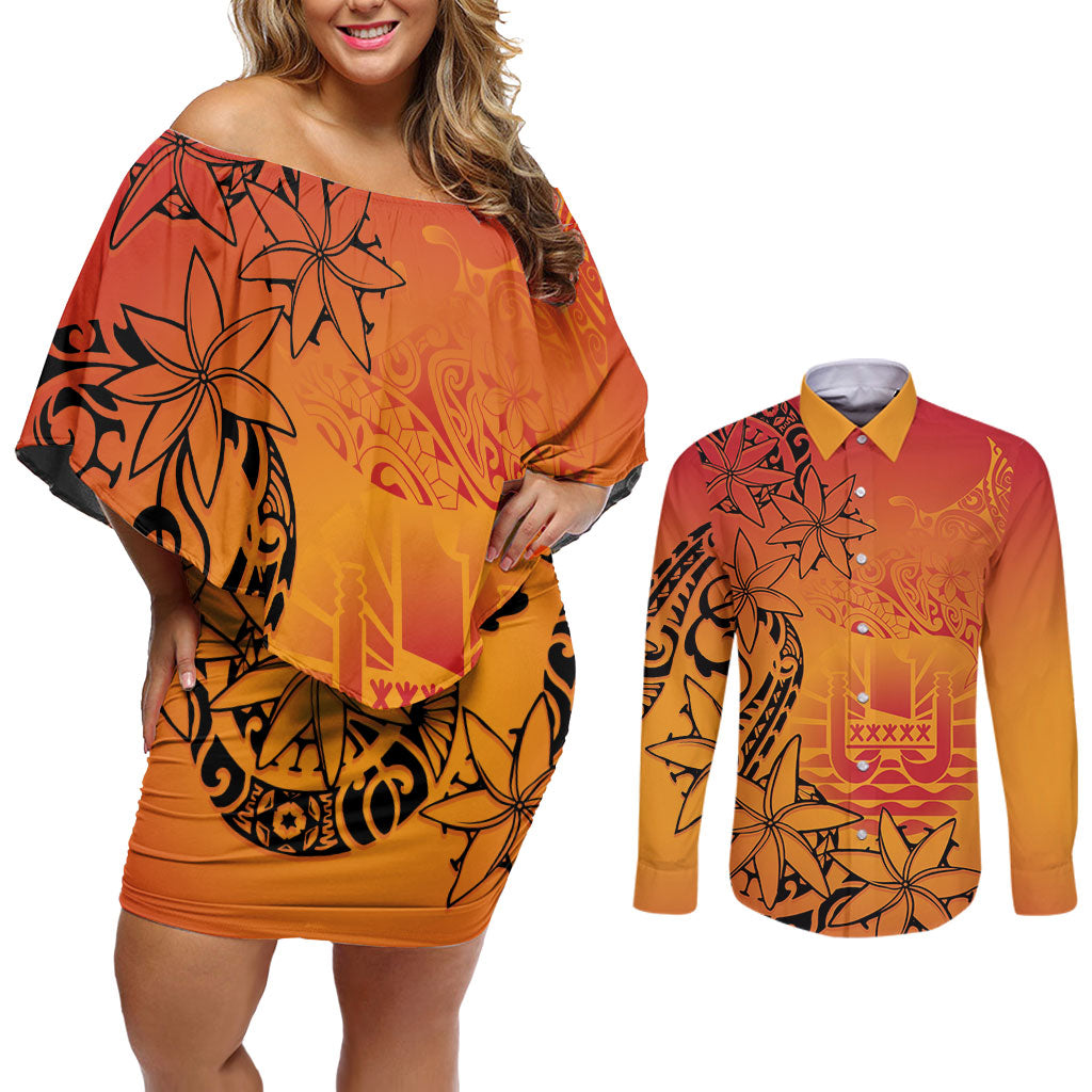 French Polynesia Manta Ray Tattoo Couples Matching Off Shoulder Short Dress and Long Sleeve Button Shirt Tahiti Hahalua Tiare Maori Gradient Style LT14 Orange - Polynesian Pride
