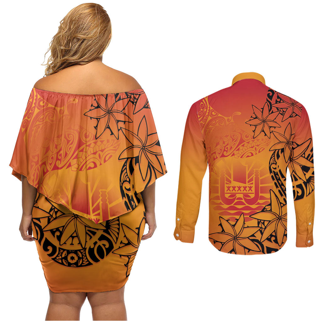 French Polynesia Manta Ray Tattoo Couples Matching Off Shoulder Short Dress and Long Sleeve Button Shirt Tahiti Hahalua Tiare Maori Gradient Style LT14 - Polynesian Pride