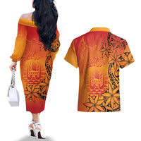 French Polynesia Manta Ray Tattoo Couples Matching Off The Shoulder Long Sleeve Dress and Hawaiian Shirt Tahiti Hahalua Tiare Maori Gradient Style LT14 - Polynesian Pride