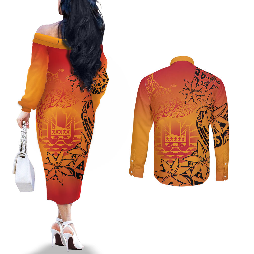 French Polynesia Manta Ray Tattoo Couples Matching Off The Shoulder Long Sleeve Dress and Long Sleeve Button Shirt Tahiti Hahalua Tiare Maori Gradient Style LT14 - Polynesian Pride