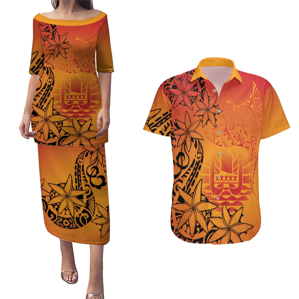 French Polynesia Manta Ray Tattoo Couples Matching Puletasi and Hawaiian Shirt Tahiti Hahalua Tiare Maori Gradient Style LT14 Orange - Polynesian Pride