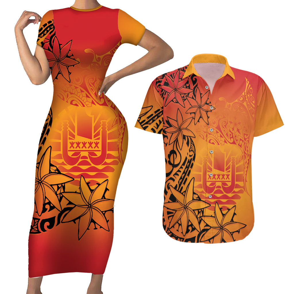 French Polynesia Manta Ray Tattoo Couples Matching Short Sleeve Bodycon Dress and Hawaiian Shirt Tahiti Hahalua Tiare Maori Gradient Style LT14 Orange - Polynesian Pride