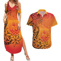 French Polynesia Manta Ray Tattoo Couples Matching Summer Maxi Dress and Hawaiian Shirt Tahiti Hahalua Tiare Maori Gradient Style LT14 Orange - Polynesian Pride