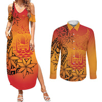 French Polynesia Manta Ray Tattoo Couples Matching Summer Maxi Dress and Long Sleeve Button Shirt Tahiti Hahalua Tiare Maori Gradient Style LT14 Orange - Polynesian Pride