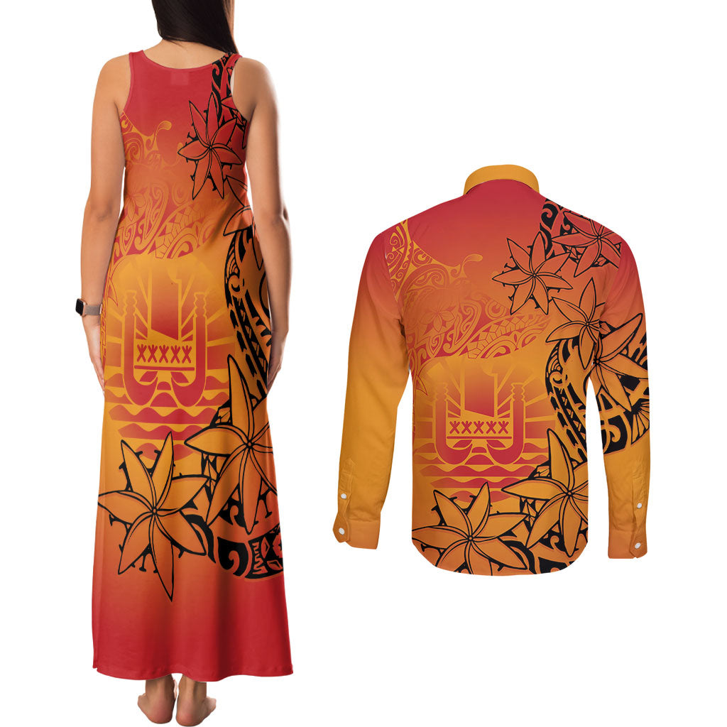 French Polynesia Manta Ray Tattoo Couples Matching Tank Maxi Dress and Long Sleeve Button Shirt Tahiti Hahalua Tiare Maori Gradient Style LT14 - Polynesian Pride