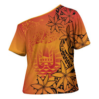 French Polynesia Manta Ray Tattoo Cross Shoulder Shirt Tahiti Hahalua Tiare Maori Gradient Style