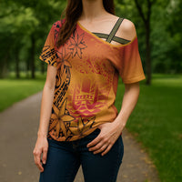 French Polynesia Manta Ray Tattoo Cross Shoulder Shirt Tahiti Hahalua Tiare Maori Gradient Style