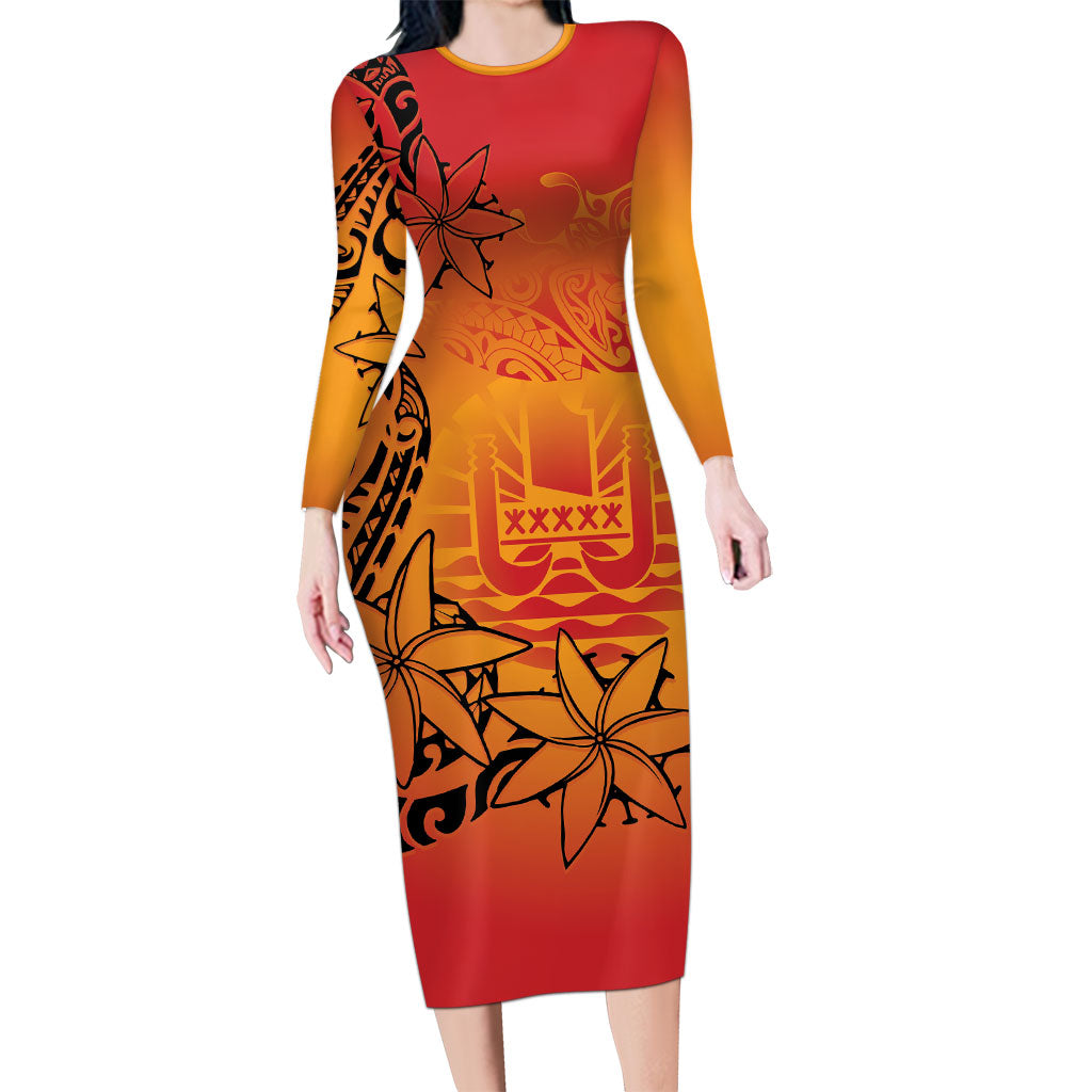 French Polynesia Manta Ray Tattoo Family Matching Long Sleeve Bodycon Dress and Hawaiian Shirt Tahiti Hahalua Tiare Maori Gradient Style LT14 Mom's Dress Orange - Polynesian Pride