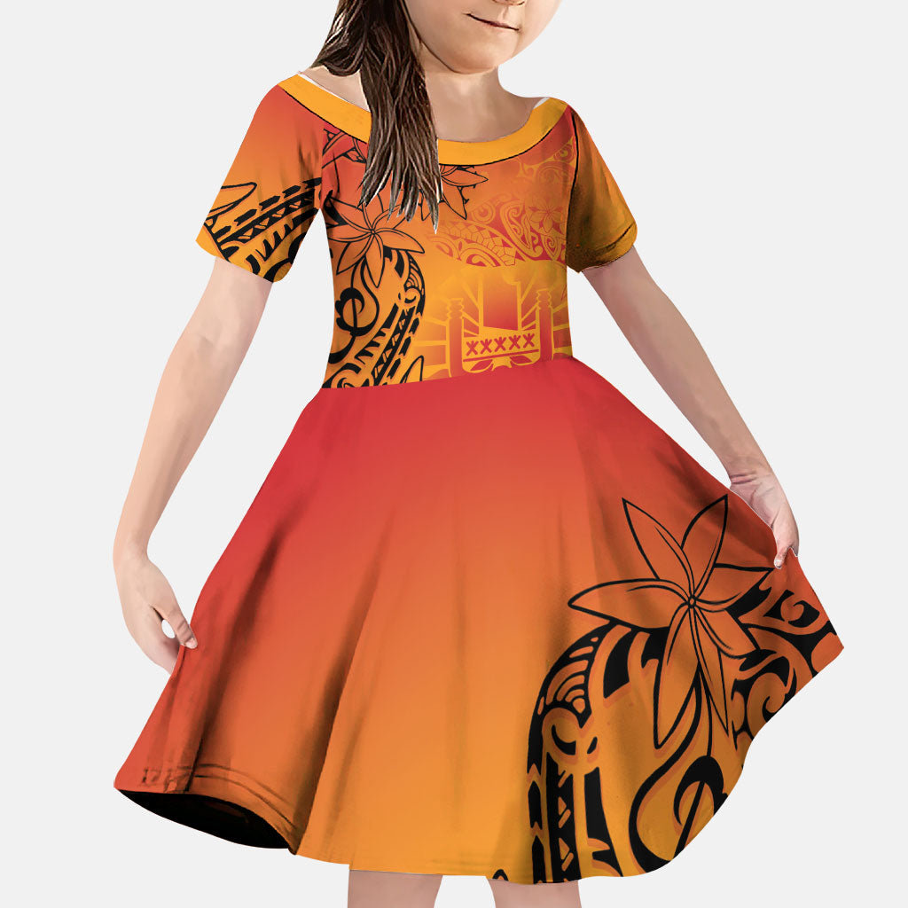 French Polynesia Manta Ray Tattoo Family Matching Off Shoulder Short Dress and Hawaiian Shirt Tahiti Hahalua Tiare Maori Gradient Style LT14 Daughter's Dress Orange - Polynesian Pride