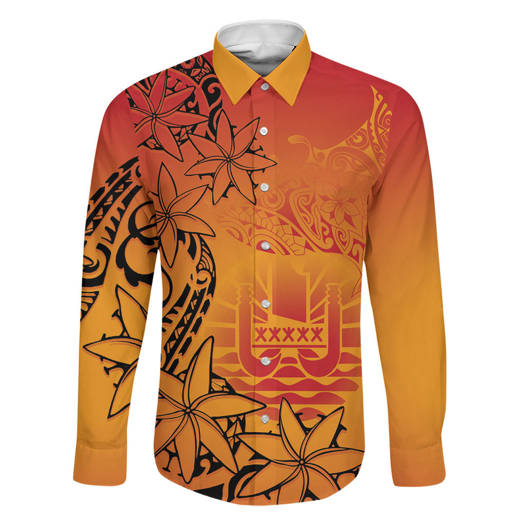 French Polynesia Manta Ray Tattoo Family Matching Summer Maxi Dress and Hawaiian Shirt Tahiti Hahalua Tiare Maori Gradient Style LT14 Dad's Shirt - Long Sleeve Orange - Polynesian Pride