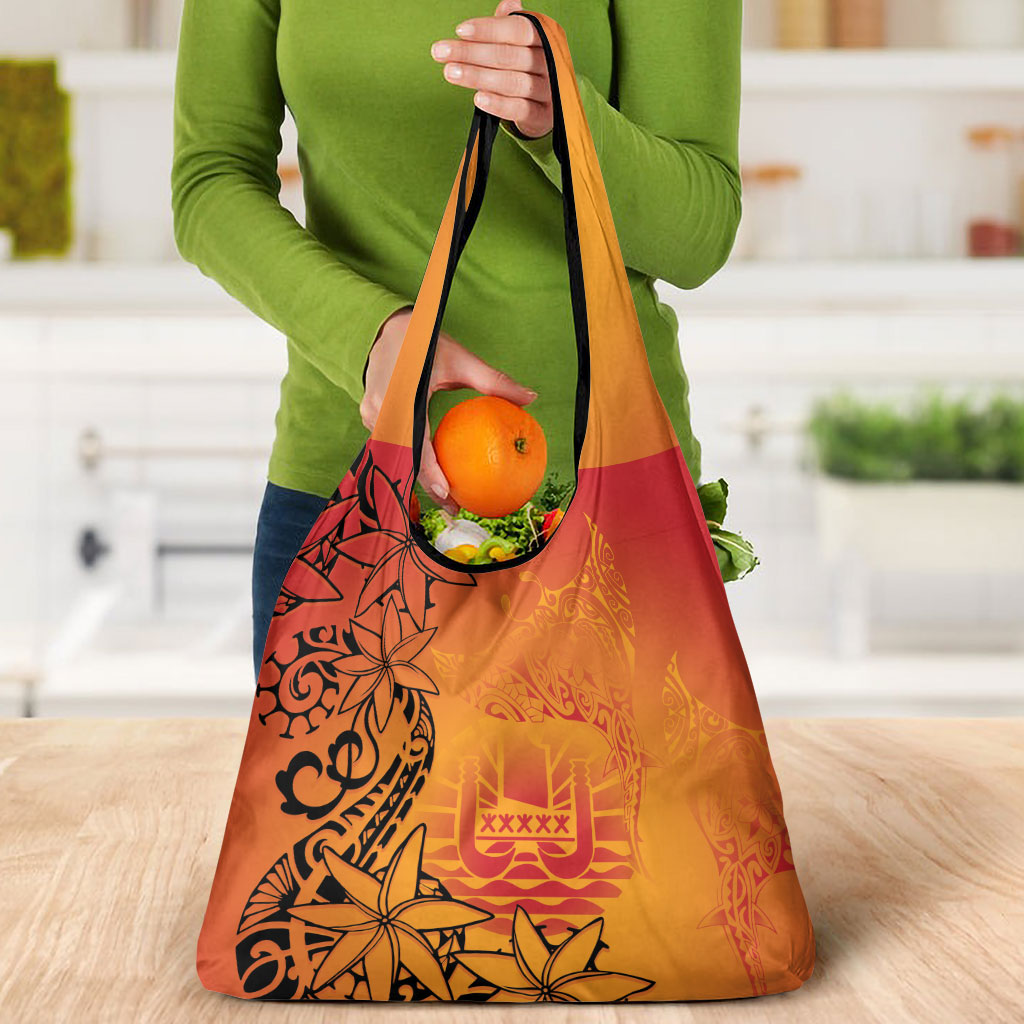 French Polynesia Manta Ray Tattoo Grocery Bag Tahiti Hahalua Tiare Maori Gradient Style
