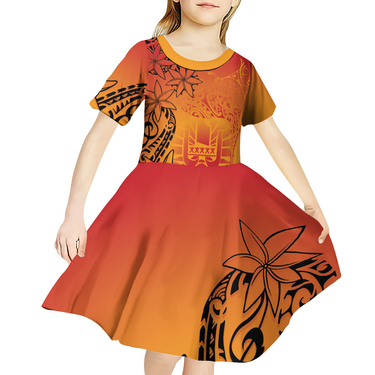 French Polynesia Manta Ray Tattoo Kid Short Sleeve Dress Tahiti Hahalua Tiare Maori Gradient Style LT14 - Polynesian Pride