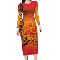French Polynesia Manta Ray Tattoo Long Sleeve Bodycon Dress Tahiti Hahalua Tiare Maori Gradient Style LT14 Long Dress Orange - Polynesian Pride