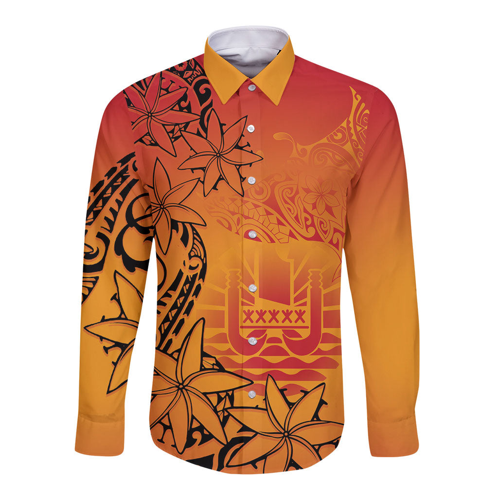 French Polynesia Manta Ray Tattoo Long Sleeve Button Shirt Tahiti Hahalua Tiare Maori Gradient Style