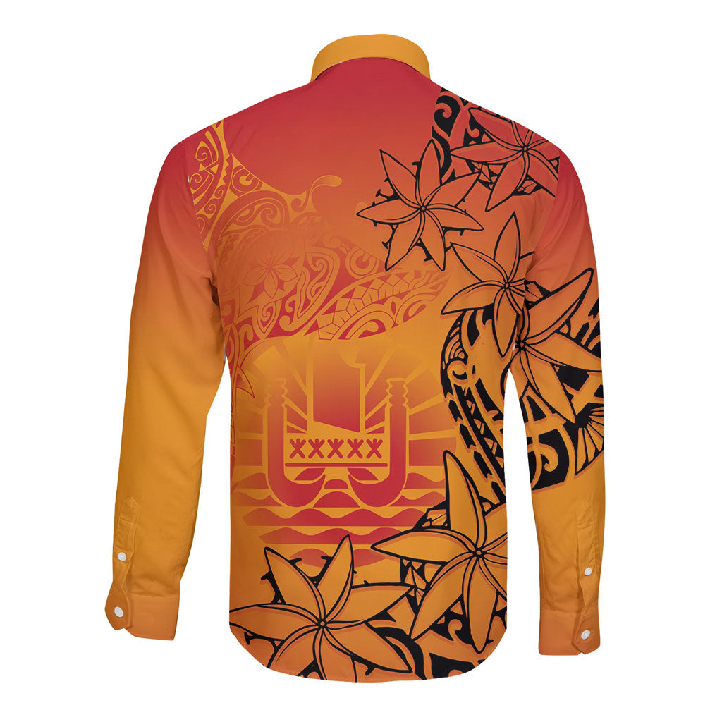 French Polynesia Manta Ray Tattoo Long Sleeve Button Shirt Tahiti Hahalua Tiare Maori Gradient Style