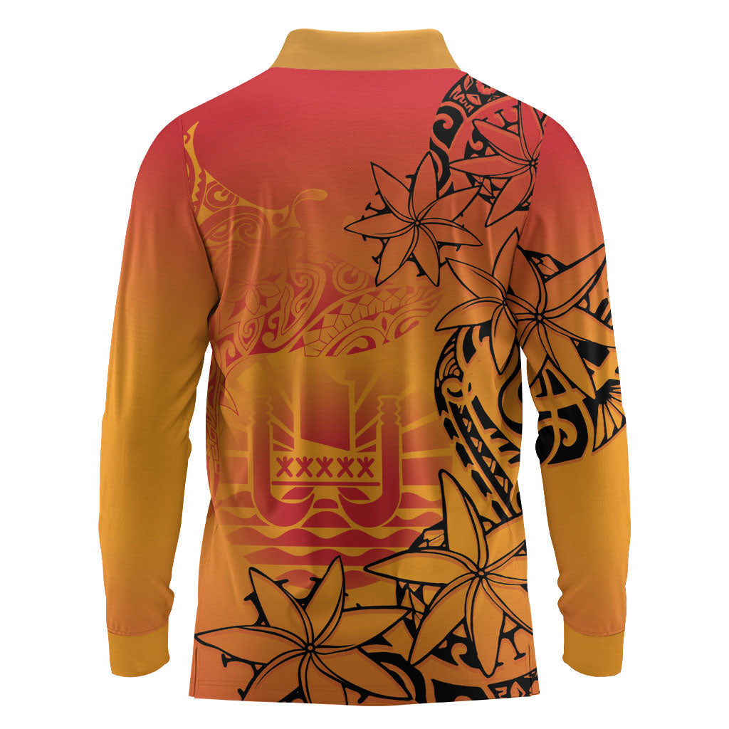 French Polynesia Manta Ray Tattoo Long Sleeve Polo Shirt Tahiti Hahalua Tiare Maori Gradient Style LT14 - Polynesian Pride