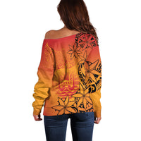 French Polynesia Manta Ray Tattoo Off Shoulder Sweater Tahiti Hahalua Tiare Maori Gradient Style